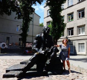 The author with a statue of Isaac Babel in Odessa. (Talia Lavin)