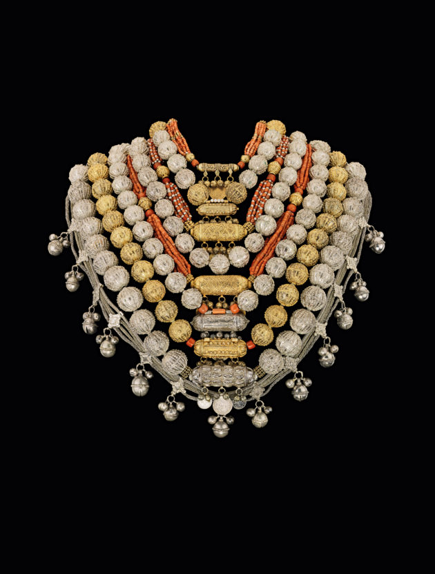 Bridal jewellery, Sana’a, Yemen, 1930s–1940s, silver and gilt-silver filigree and granulation, corals, coins, The Israel Museum, Jerusalem.