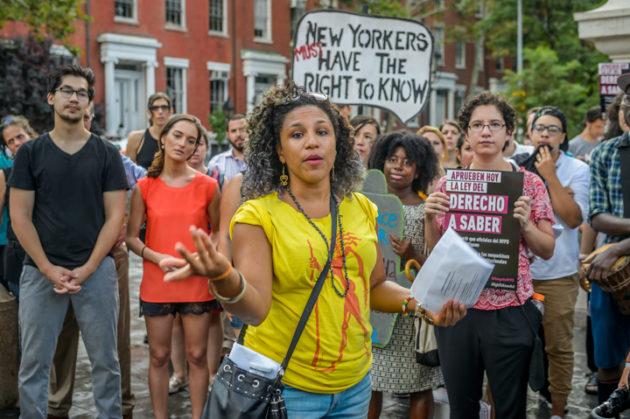 Seven members of the Jews of Color Caucus were arrested on a sit-in, blocking traffic in front of the NYPD 6th Precinct in the West Village to mark  the culmination of the Jews4BlackLives month of action. As the Jewish community in NYC approached Tisha b’Av, JFREJ — led by the Jews of Color Caucus — along with hundreds of neighbors and advocacy groups, held an action and vigil in support of Black Lives Matter to demand an end to police violence against People of Color and the passage of the Right To Know Act in the New York City Council. Photo credit: Erik McGregor.