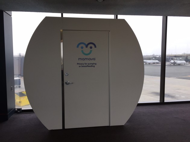 Exterior of Mamava freestanding pod for “privacy for pumping or breastfeeding.”  It locks from inside, with a space larger than an airplane lavatory. Photo credit: Amy Stone. 