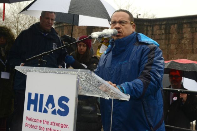 "U.S. Rep. Keith Ellison of Minnesota addresses hundreds at the Jewish Rally for Refugees in Battery Park, New York," photo by Gili Getz