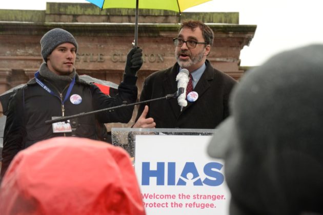 "Mark Hetfield, President and CEO of HIAS, the global Jewish nonprofit that protects refugees, welcomes hundreds to the Jewish Rally for Refugees in Battery Park, New York," photo by Gili Getz