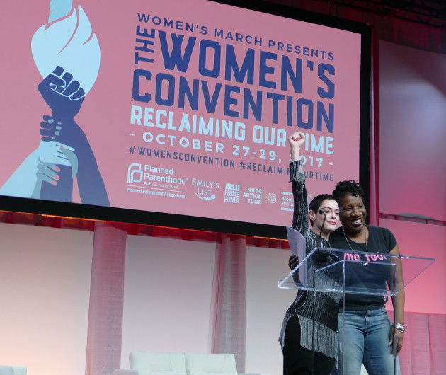 Actress Rose McGowan, left, and Tarana Burke who founded #metoo ten years ago, standing together at opening session of the Women's Convention.