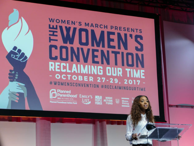 Tamika Mallory, co-president of the Women's March Board, speaking at the opening session, “Reclaiming Our Time: Setting the Agenda Together.” 